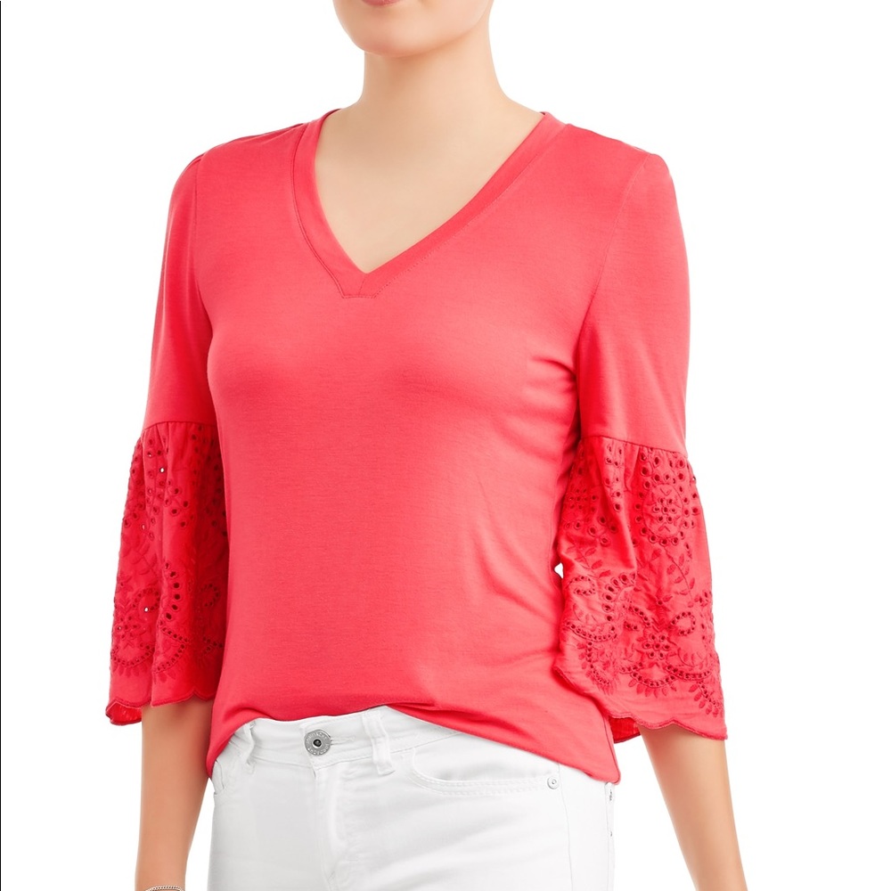Eyelet Sleeve Blouse, Coral